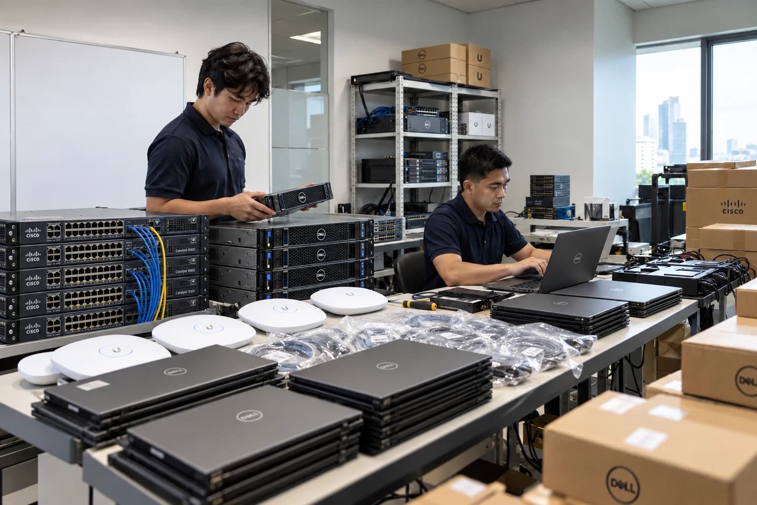 Two Filipino engineers preparing servers, switches, wireless equipment and laptops for deployment