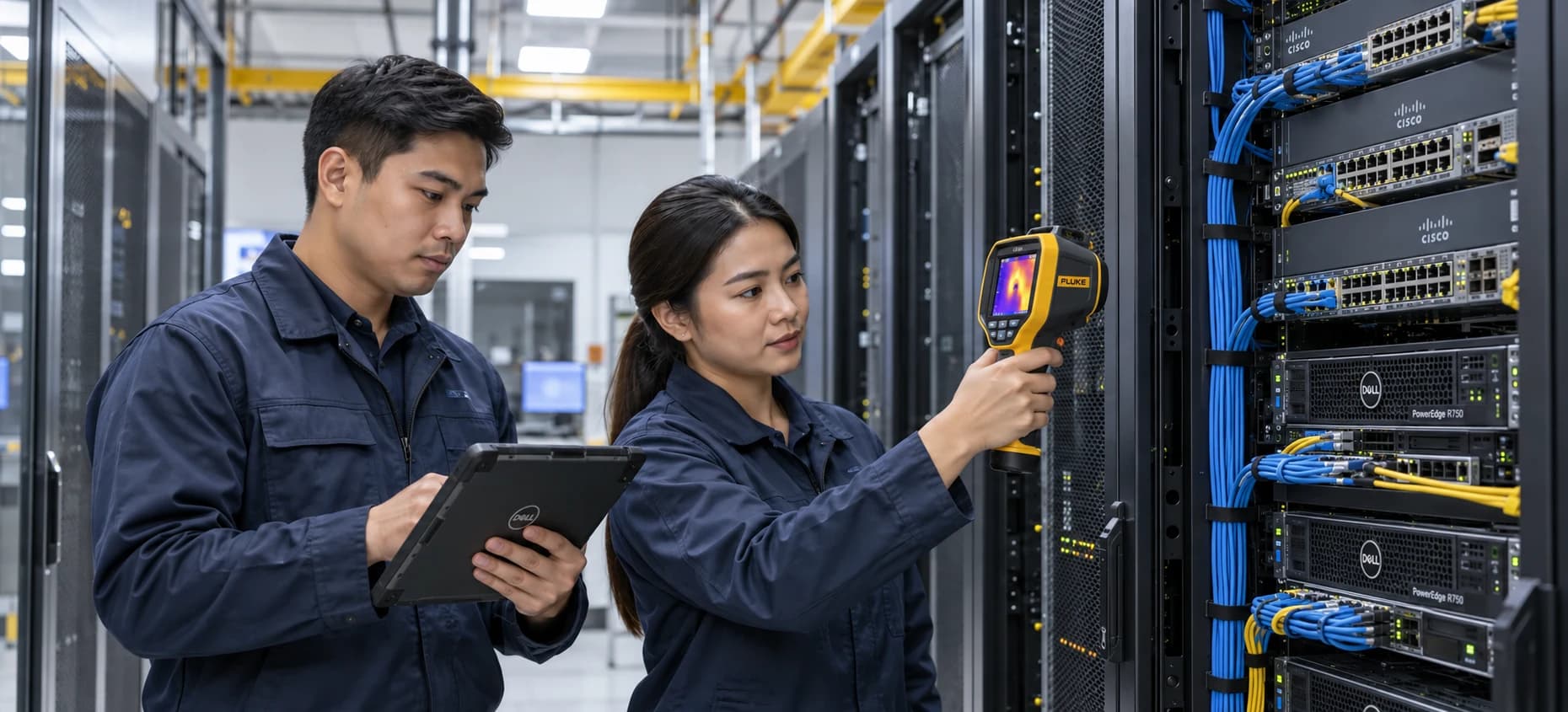 Engineers inspecting server equipment with a thermal camera and maintenance checklist