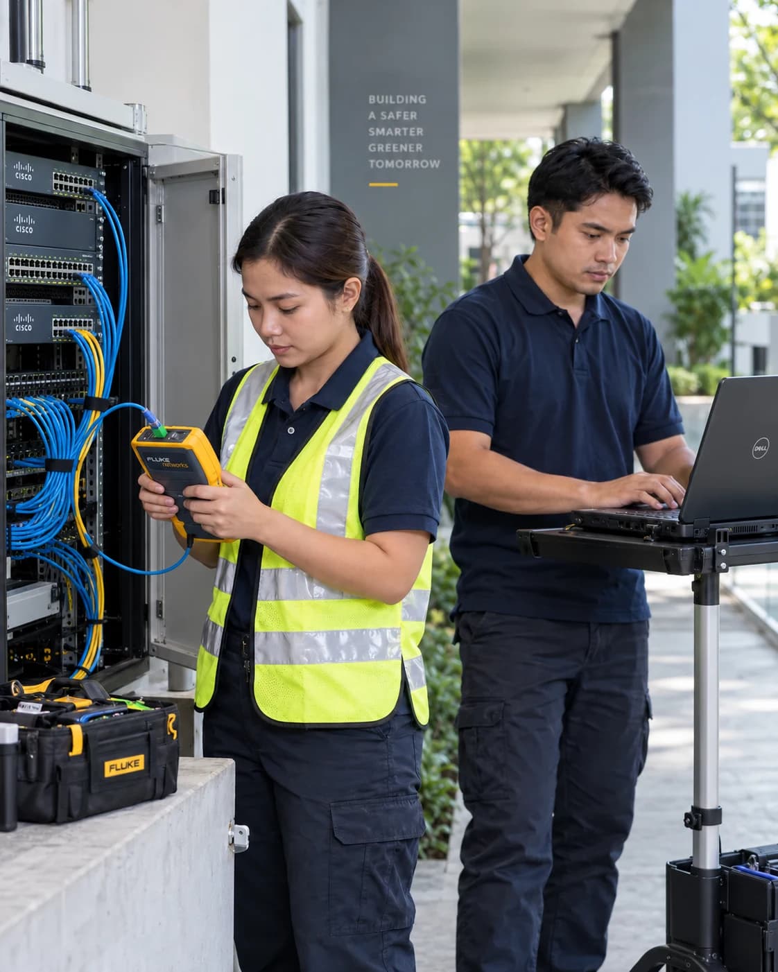 Support engineers diagnosing a network cabinet connection with a cable tester and laptop
