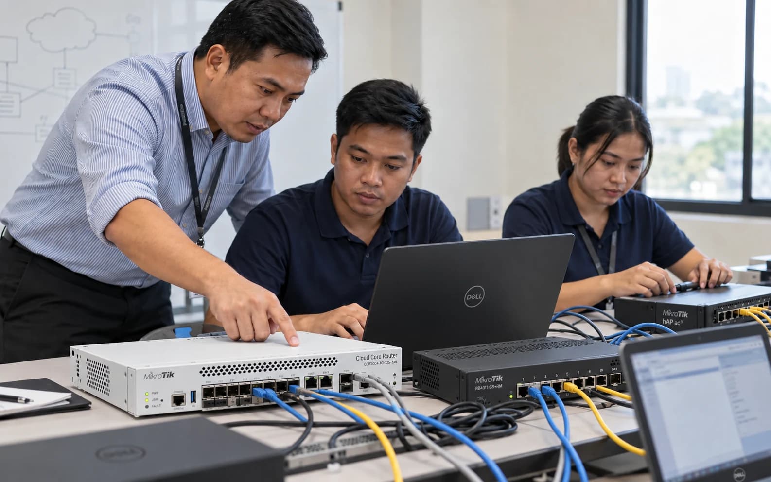 Illustrative routing lab with an instructor demonstrating router hardware and patch connections