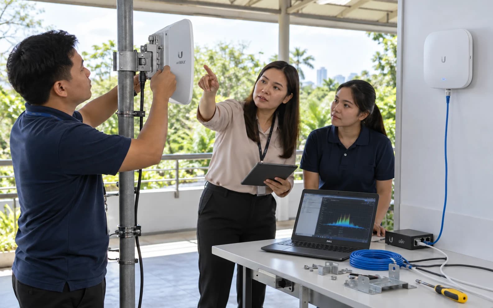 Illustrative wireless training session with participants aligning a directional radio beside an access point