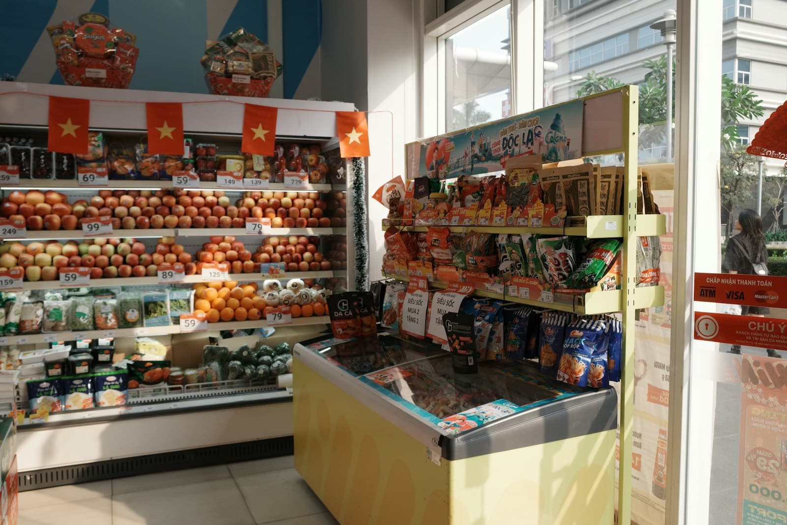 Grocery displays and refrigerated shelves in a retail store