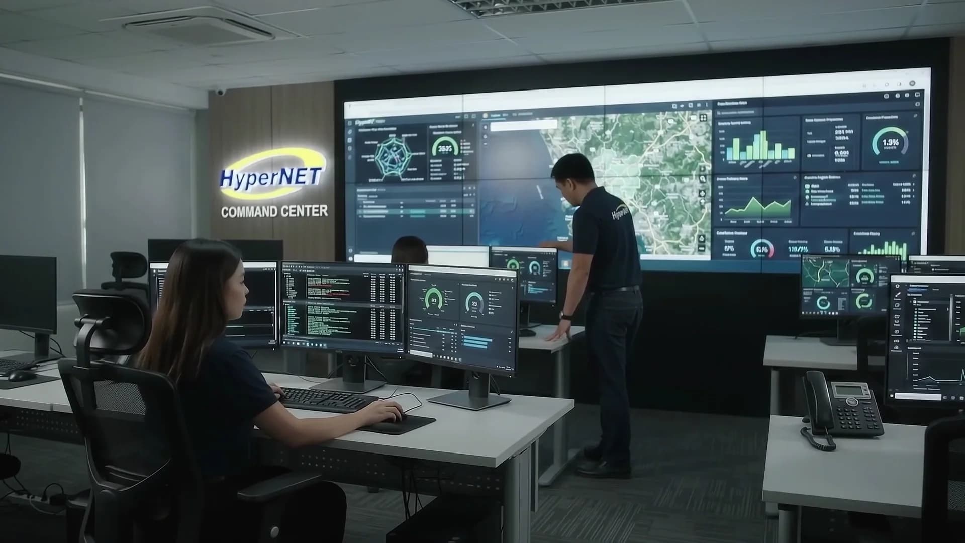 Illustrative Hypernet operations center with engineers and monitoring displays