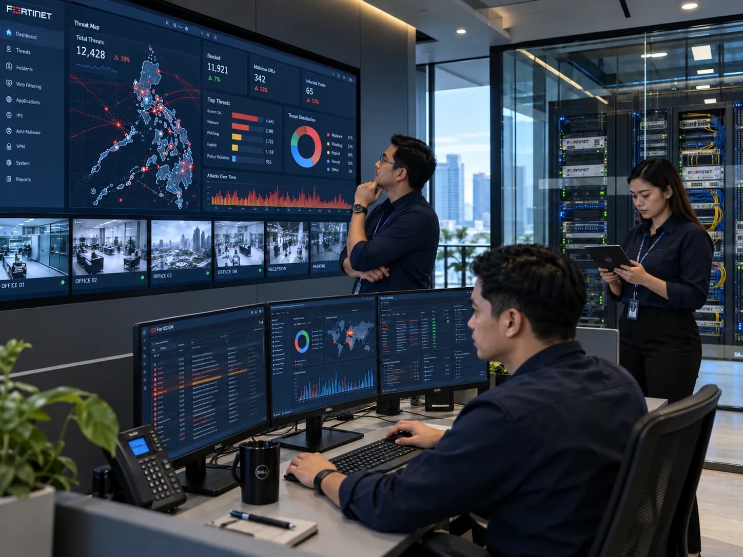 Cybersecurity analysts monitoring network threats and firewall activity in an operations center