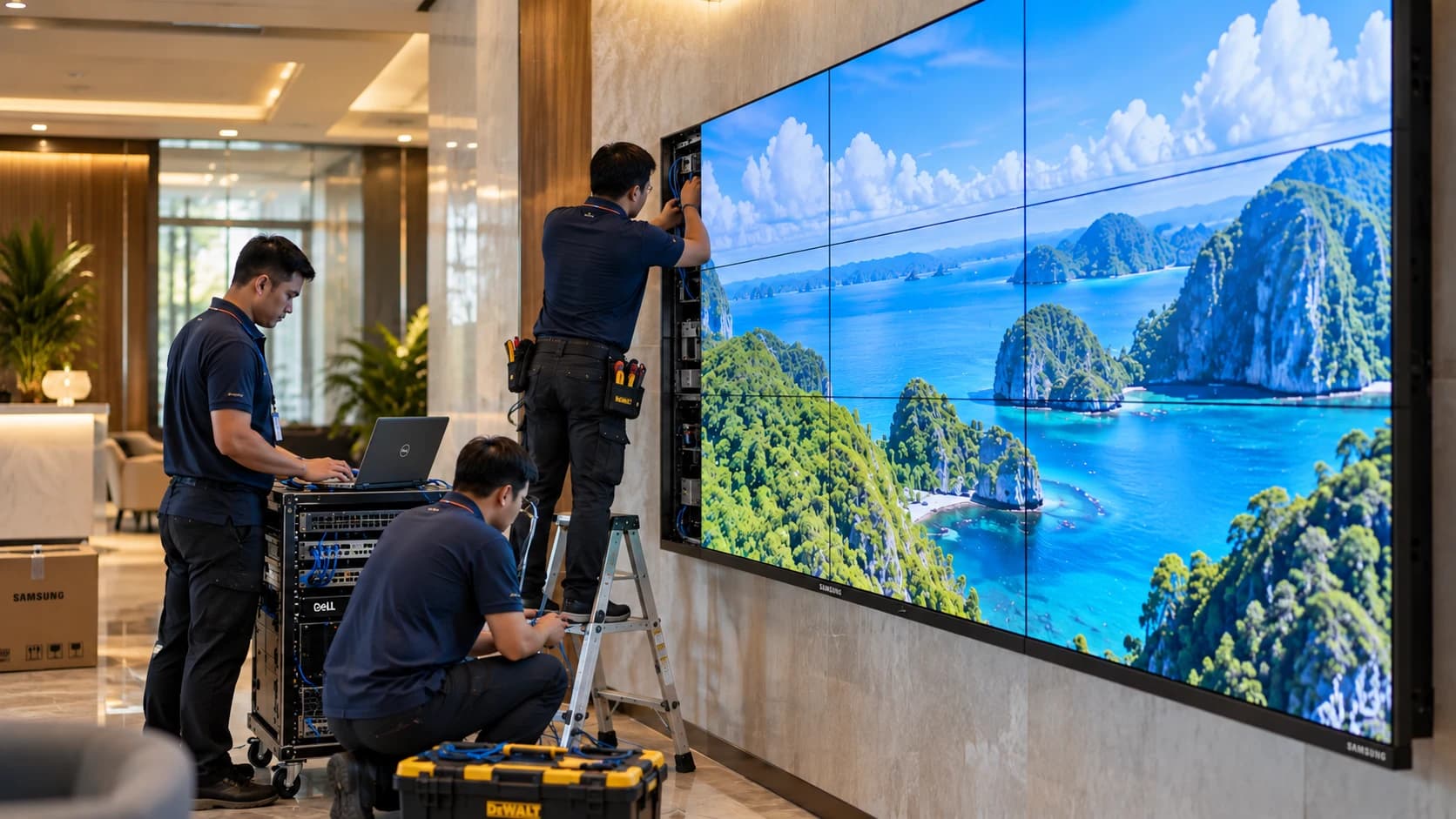 Technicians installing a video wall and configuring its equipment in a hospitality setting