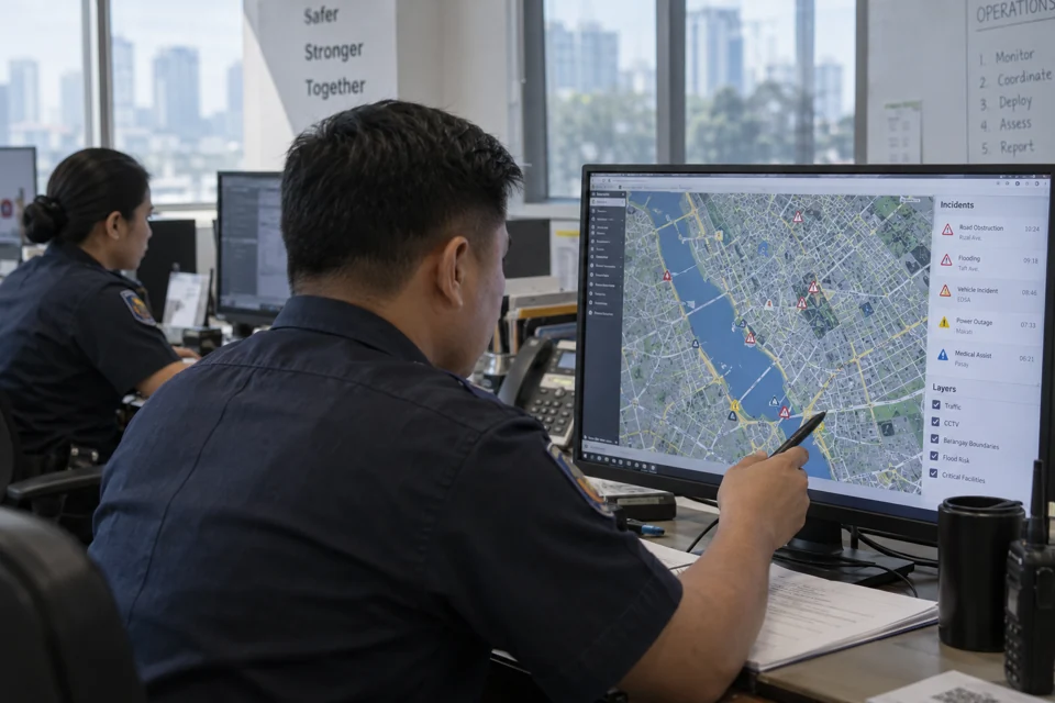 Municipal operators coordinating incidents on a city map, editorial illustration