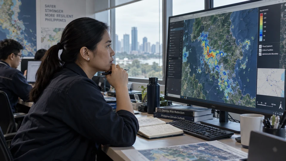 Filipino operator reviewing environmental and weather intelligence, editorial illustration