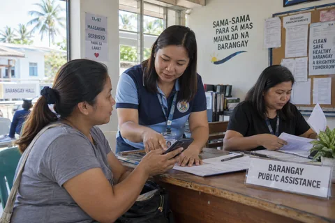 Barangay personnel assisting residents with community services, editorial illustration