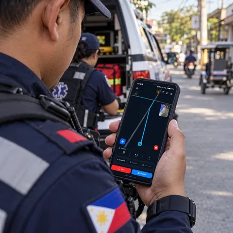 Filipino responder checking mobile navigation in the field, editorial illustration
