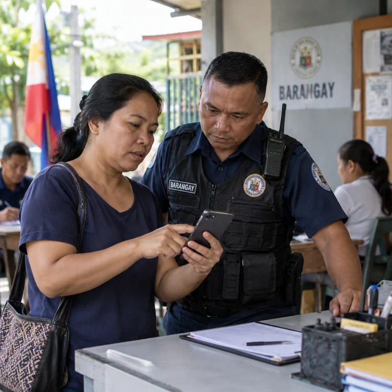 Philippine community personnel reviewing a local report, editorial illustration